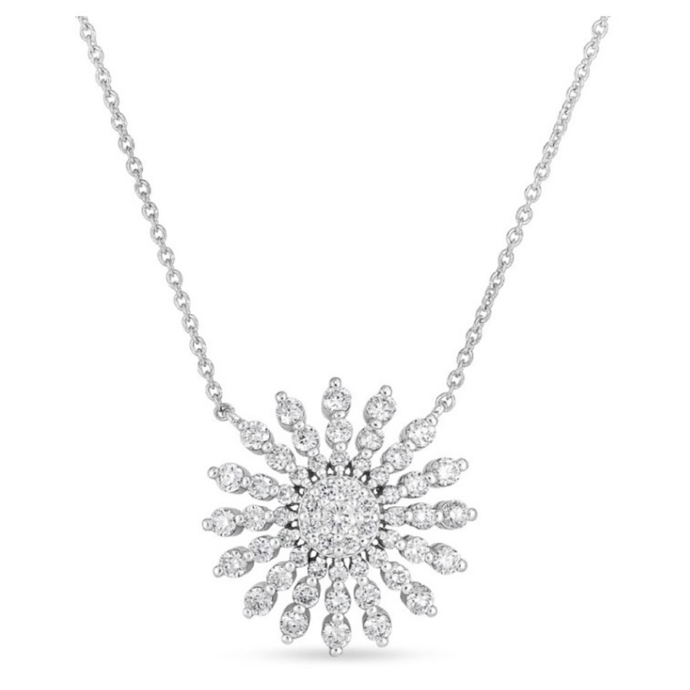 Elegant New Roberto Coin 18K White Gold Diamond Sunburst Pendant Necklace